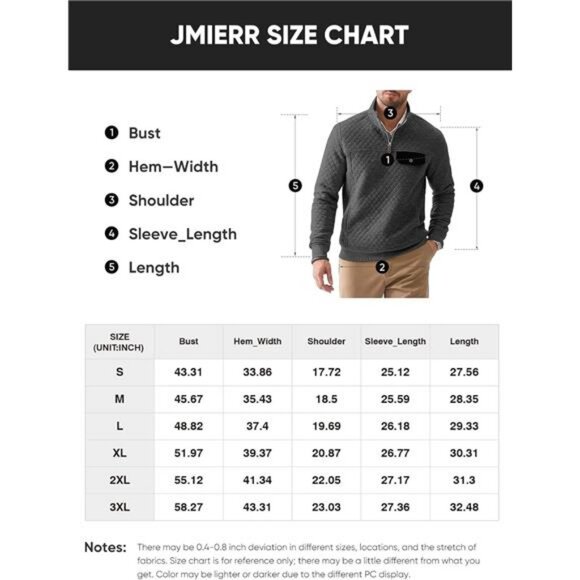 Men's Quilted Sweatshirt Long Sleeve Outdoor Stand Collar Quarter-Zip Pullover - Picture 6 of 7